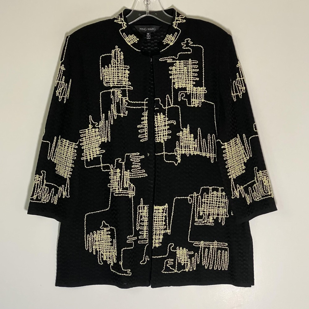 Ming Wang Cardigan Sweater Womens Medium Black Geometric Embroidered Knit Jacket